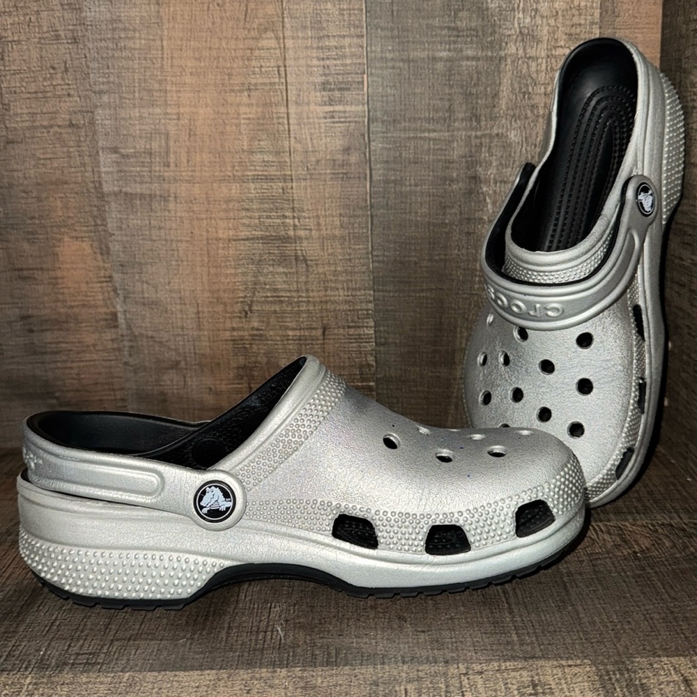 CROCS Kids Silver and Black Classic Clog Sandals